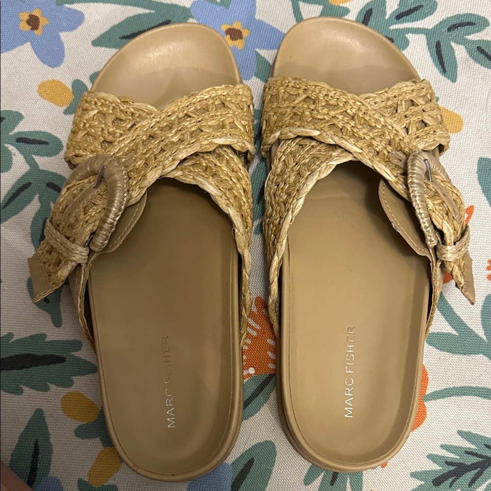 Marc Fisher Braided Raffia Buckle Slide Sandals in Tan